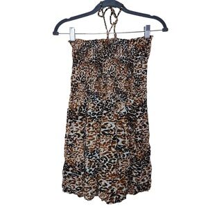 CYN by Cynthia Mehra Animal Print Rayon Halter Smoked Mini Dress